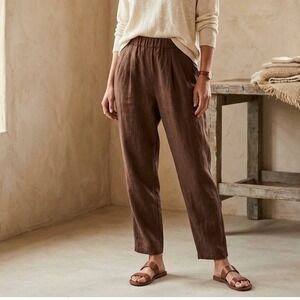Civico 51 Brown 100% Linen Pants Made in Italy Elastic Waist Tapered Women Large